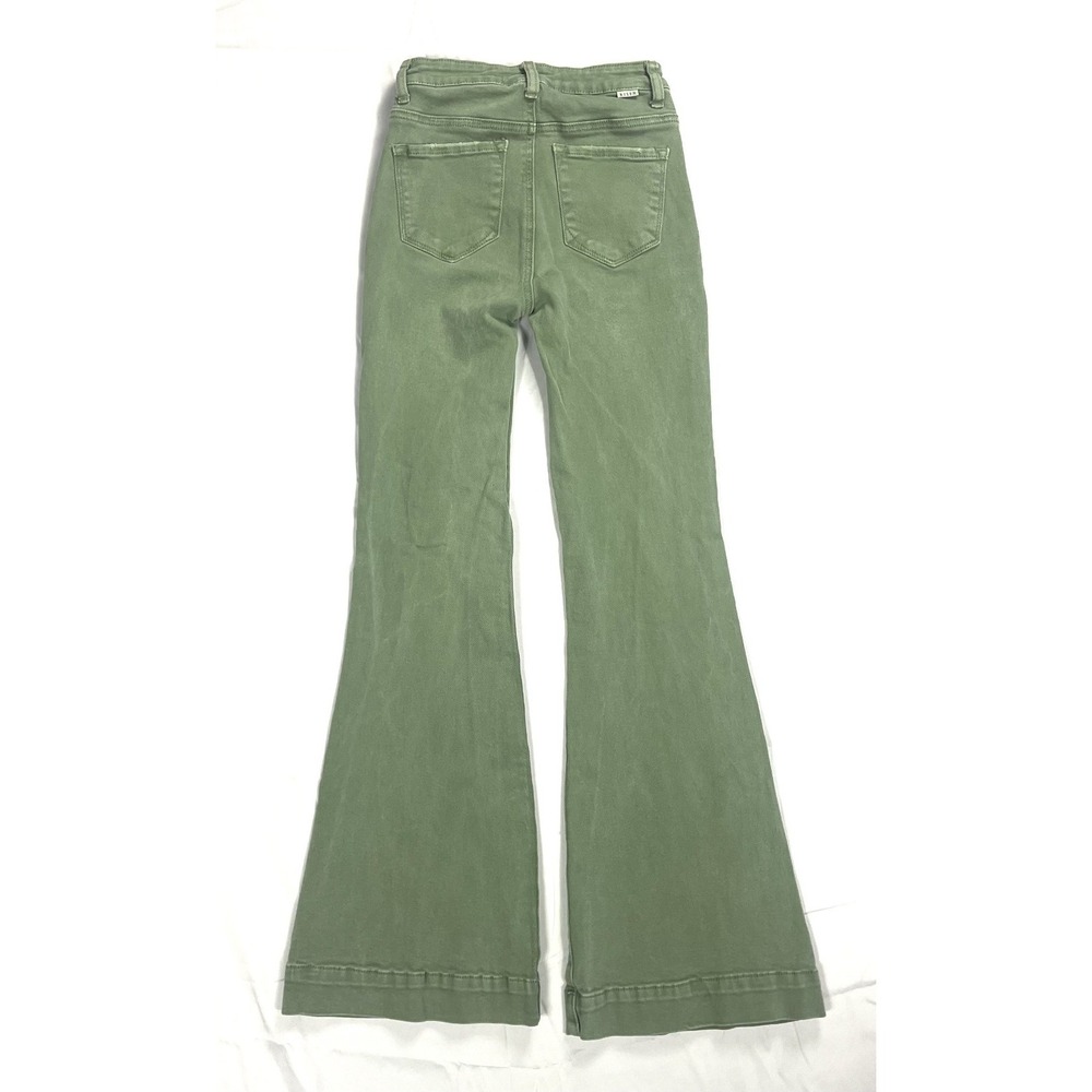 RISEN JEANS Women 1/25 High Rise Olive Green Patch Pocket Flare RDP5358